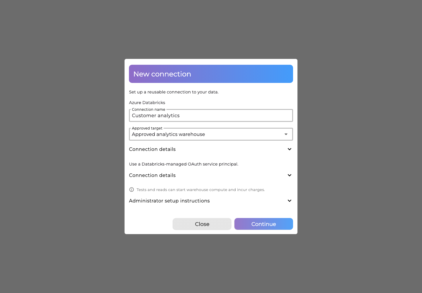 Databricks connection setup with a synthetic approved target